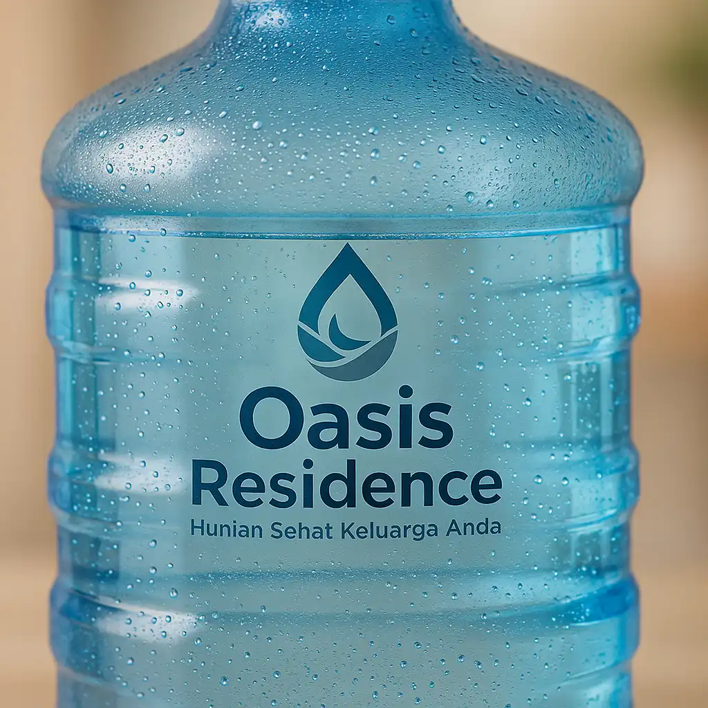 Contoh hasil layanan branding yang memengaruhi harga galon custom dengan logo perusahaan pada galon PET AKINO bening.