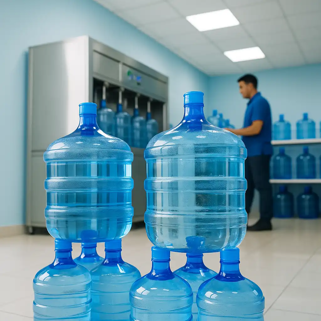 Depot air minum modern yang menawarkan harga galon kompetitif dengan stok galon PET AKINO bening berkualitas tinggi.