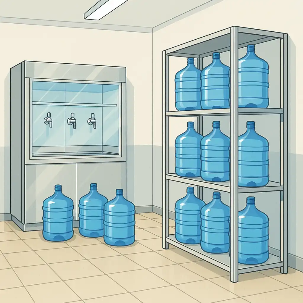 Interior Depot dengan Rak Galon Efisien Interior depot air minum modern yang menggunakan rak galon untuk depot kecil sebagai solusi penyimpanan yang efisien.
