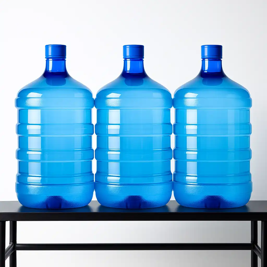 Galon AKINO dalam rak vertikal Solusi rak galon untuk depot kecil dengan galon PET AKINO yang tertata rapi.