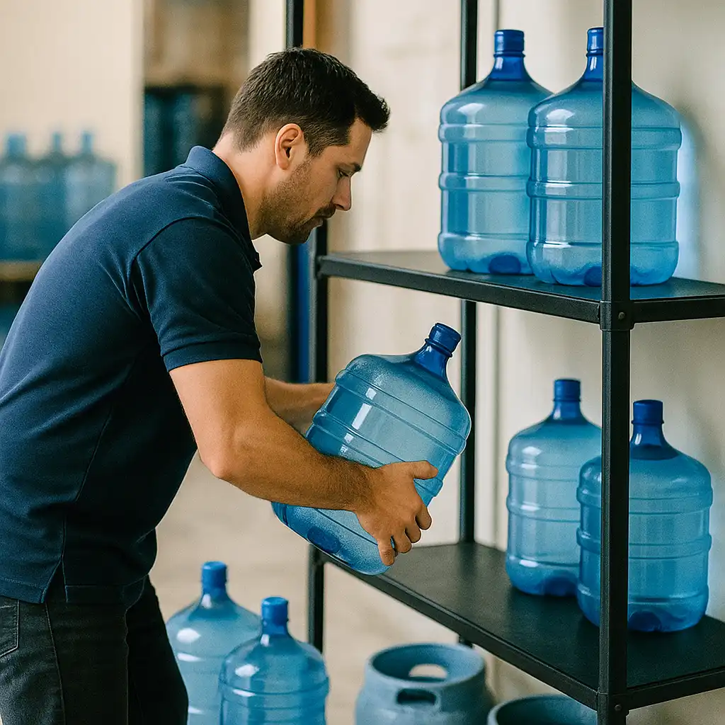 Penataan Galon di Depot Seorang pekerja menata galon di sebuah rak galon untuk depot kecil model mobile.